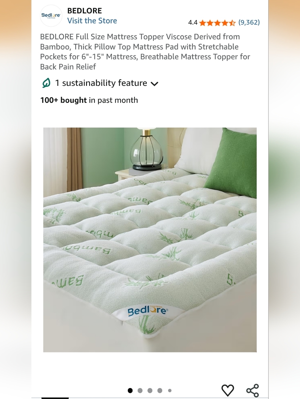 Bamboo Pillow Top Mattress Pad - Light Green